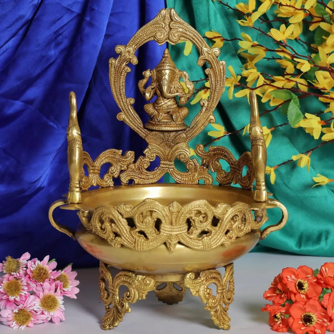 12 Inches Brass Ganesha Urli Bowl For Festive Home Decoration