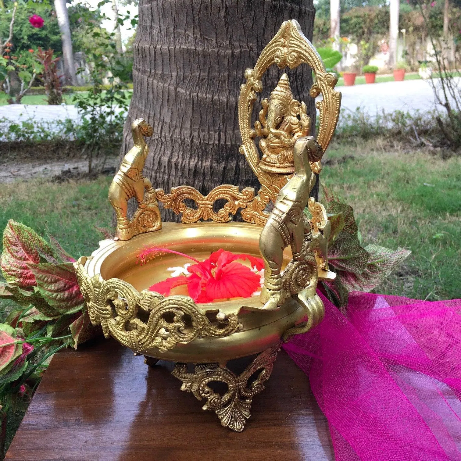 12 Inches Brass Ganesha Urli Bowl For Festive Home Decoration