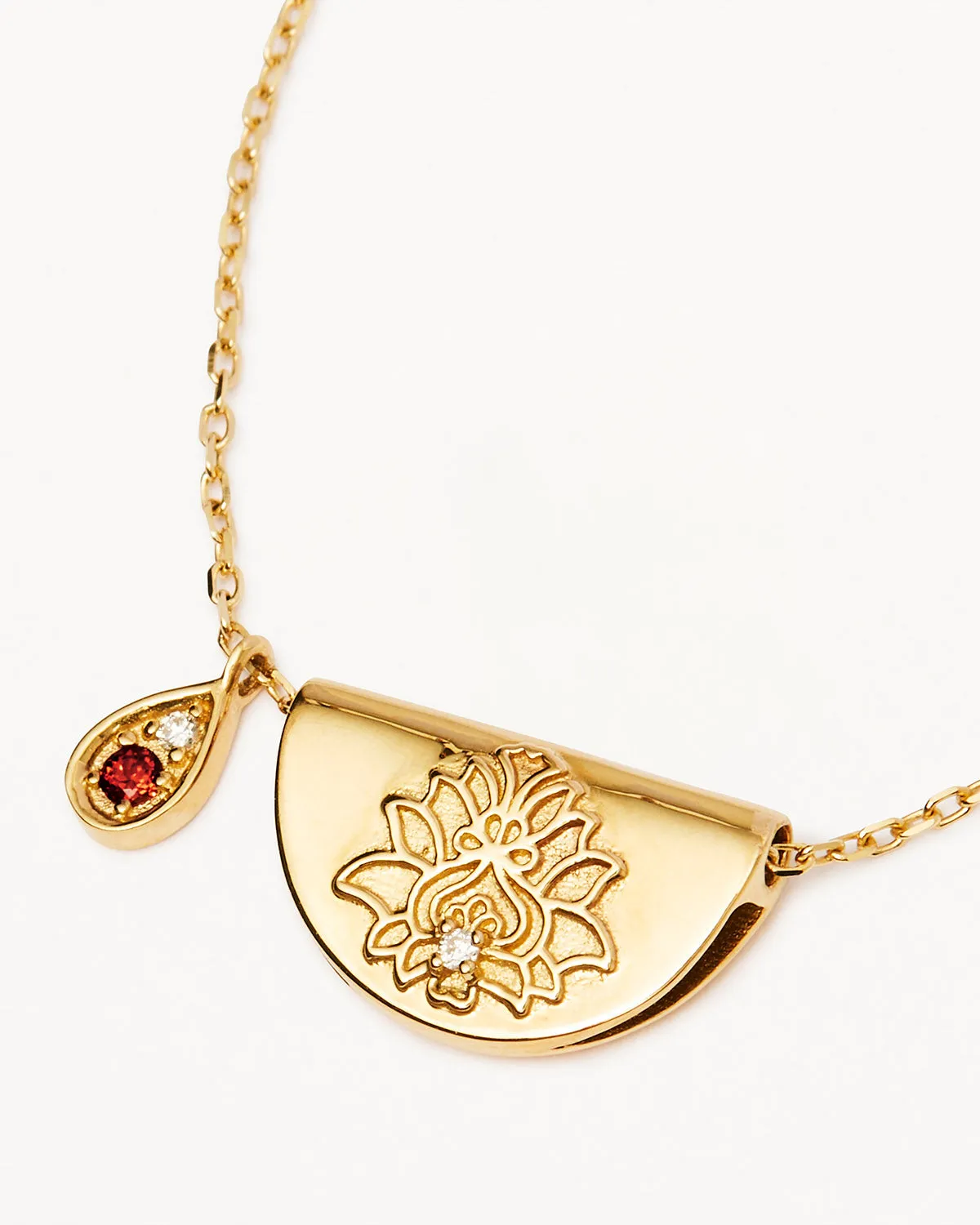 14k Solid Gold Lotus Birthstone Diamond Necklace - January - Garnet