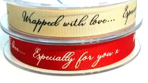 15mm Gift Wrapping Ribbon, Wrapped with Love, Choice of Red or Cream