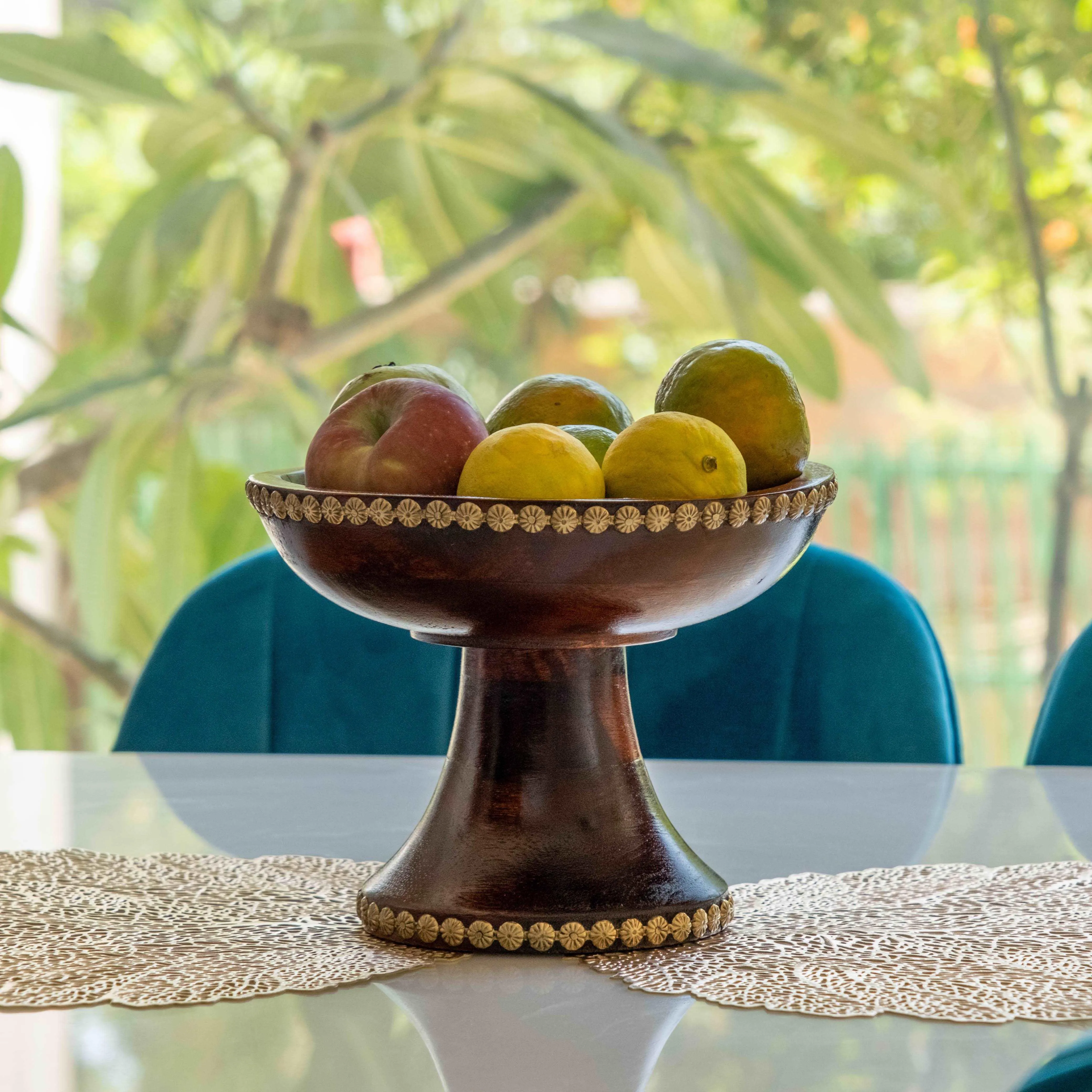 Artisan-Crafted Wooden Fruit Bowl with Brass Fittings - Handmade Elegance