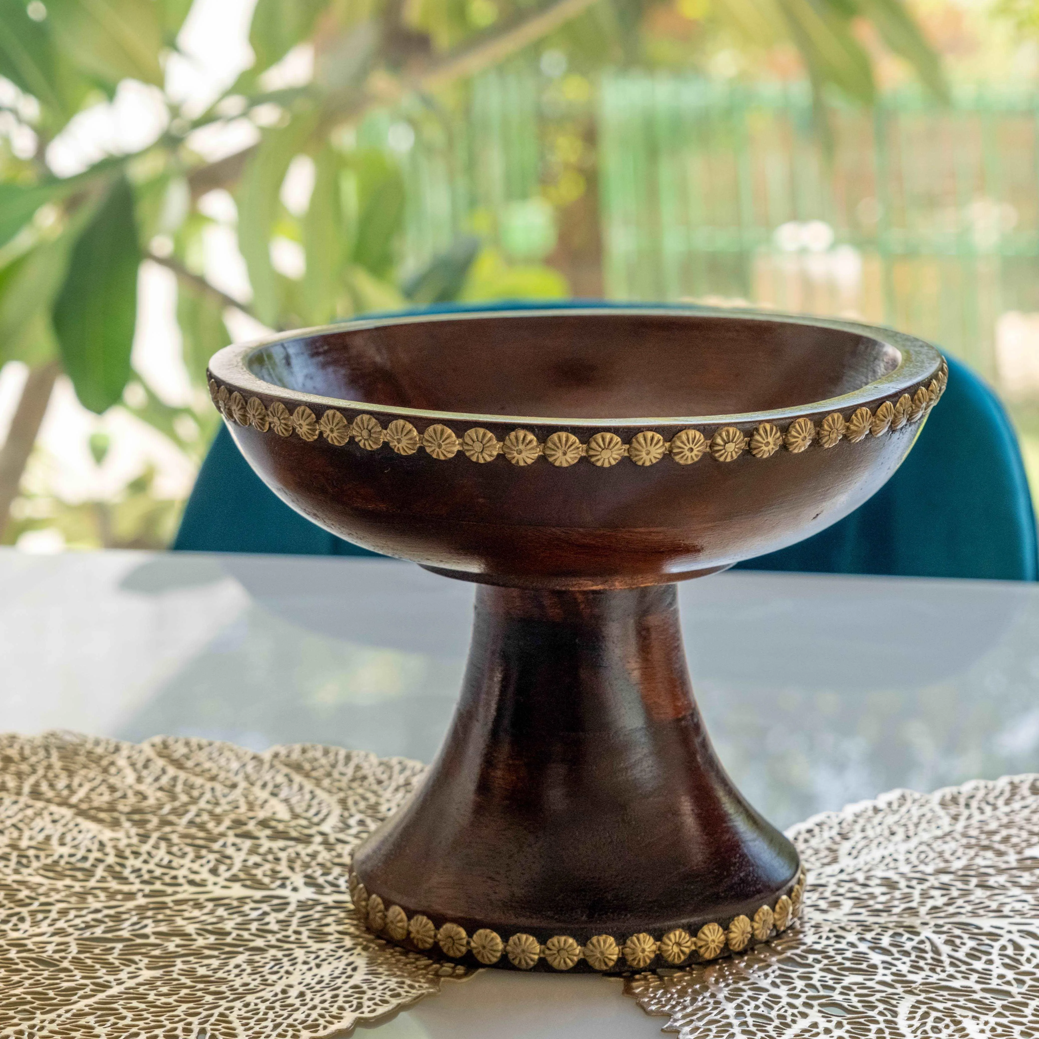 Artisan-Crafted Wooden Fruit Bowl with Brass Fittings - Handmade Elegance