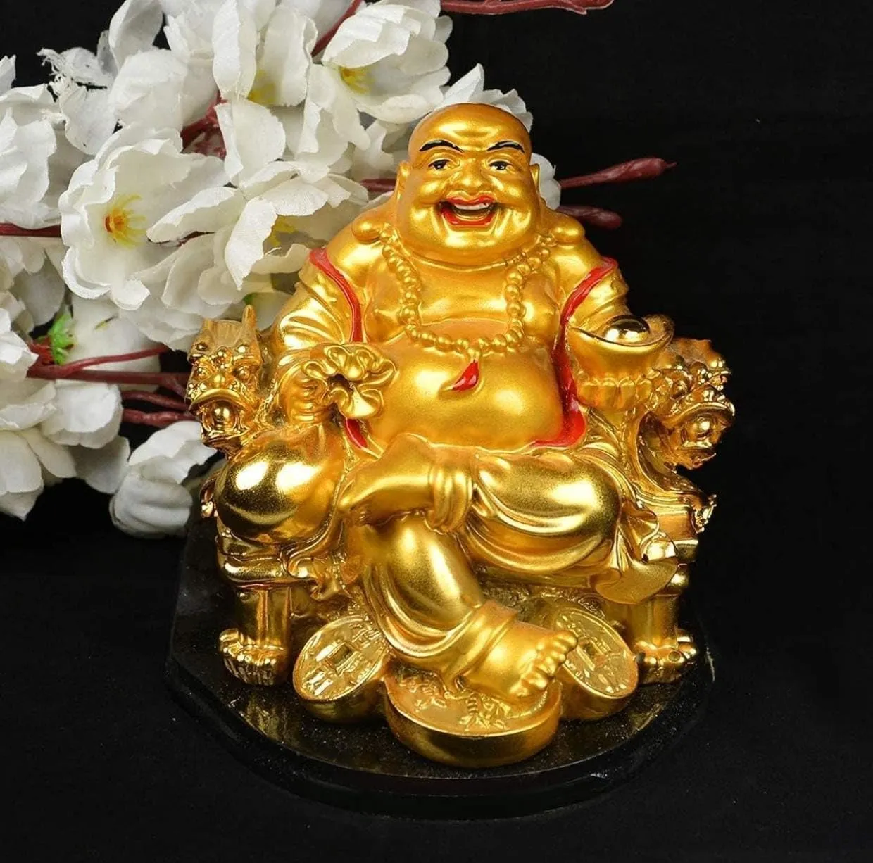 BLOOM PLEX Golden Laughing Buddha Idol | Statue Showpiece for Money, Wealth and Good Luck| Decoration Items for Home Decor, Living Room & Office Table | Decorative Gifting