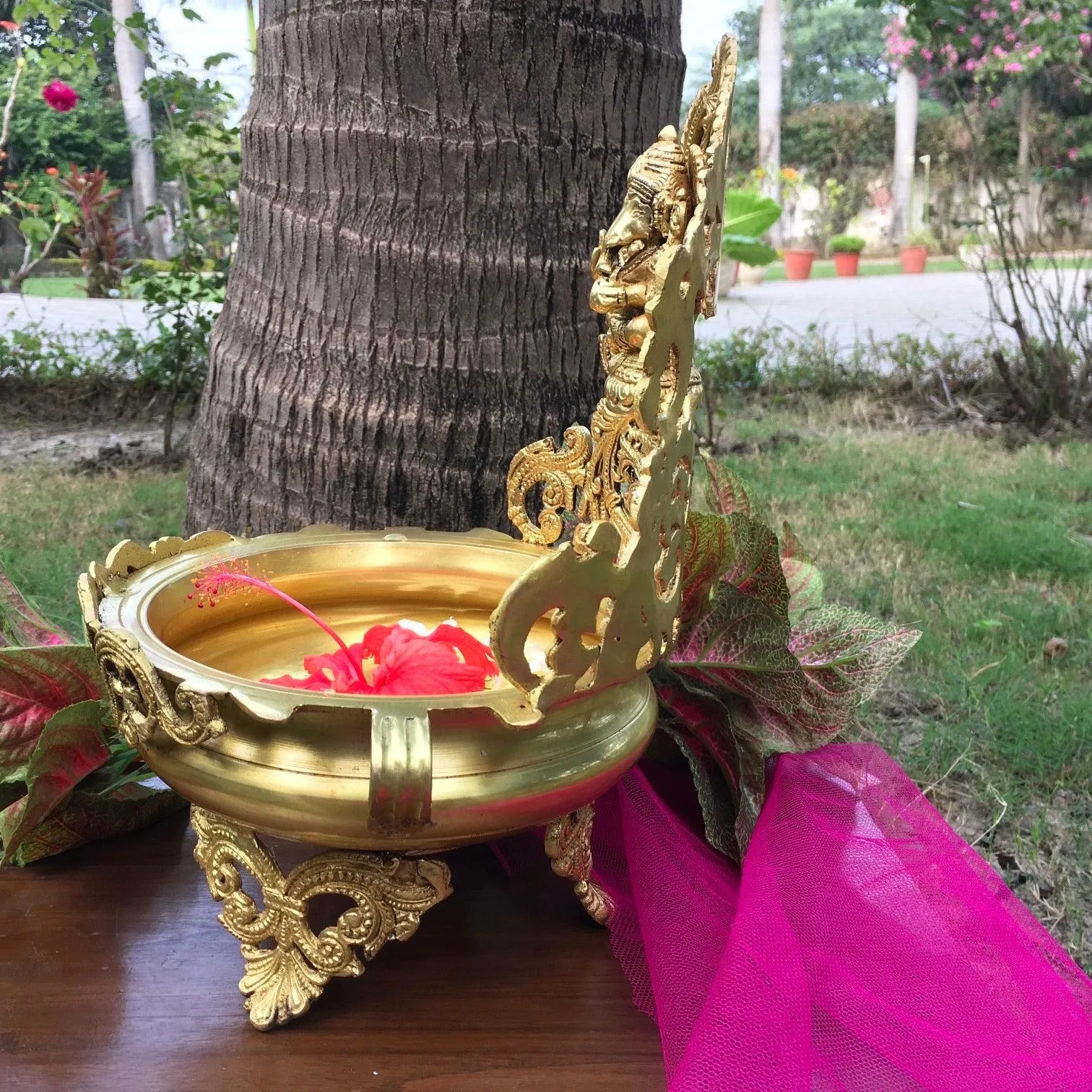 Brass Urli With Lord Ganesha - 12.5 Inches Ganesha Urli Bowl For Home Decor