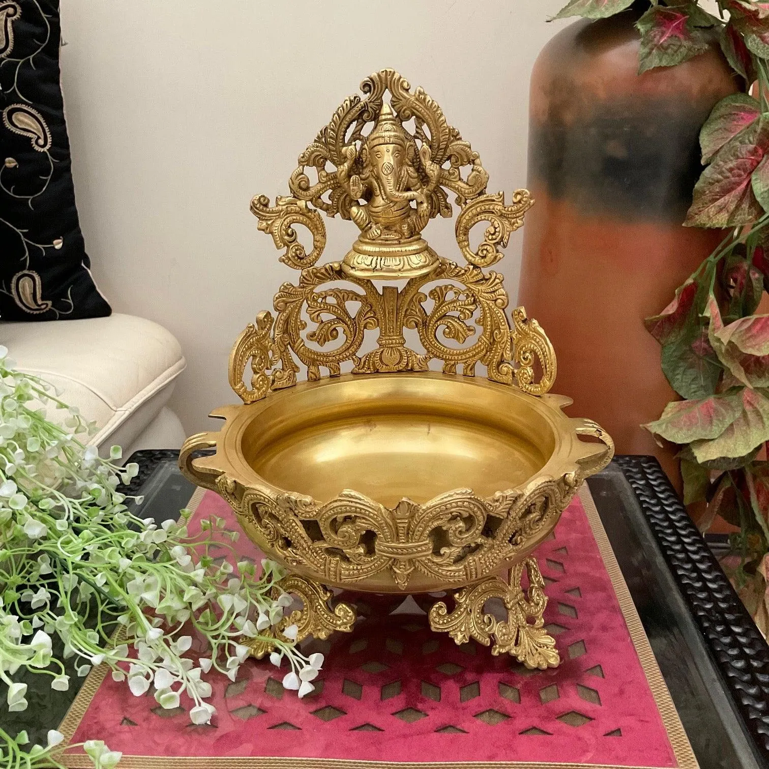 Brass Urli With Lord Ganesha - 12.5 Inches Ganesha Urli Bowl For Home Decor