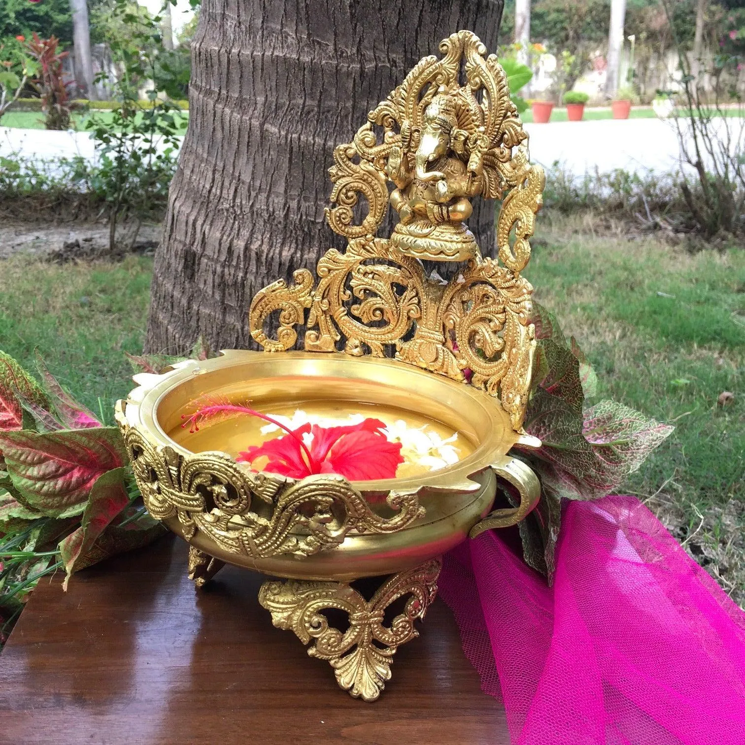 Brass Urli With Lord Ganesha - 12.5 Inches Ganesha Urli Bowl For Home Decor