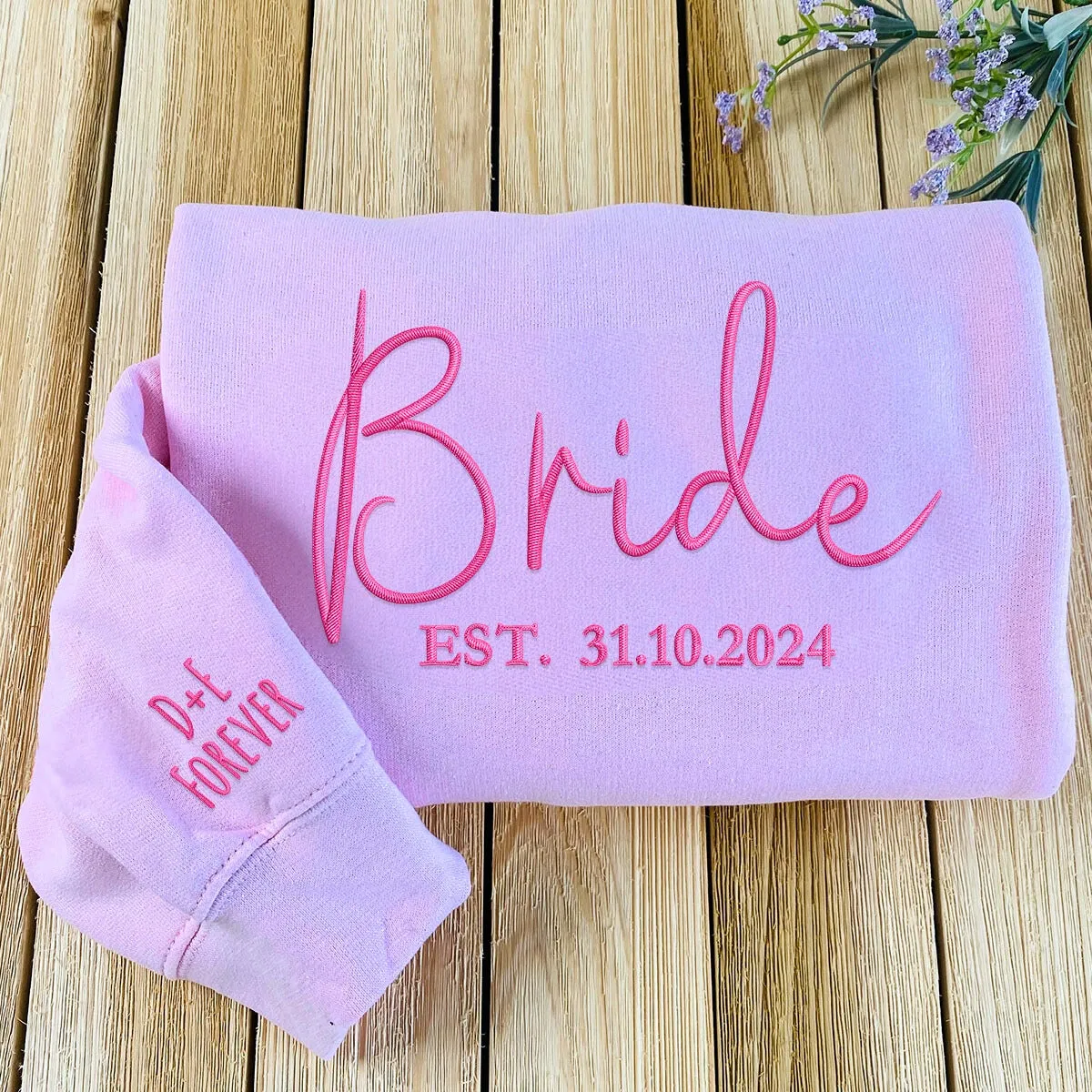 Bride Sweatshirt, Custom Bride Crewneck Est 2024 Embroidered with Initial Heart Sleeve