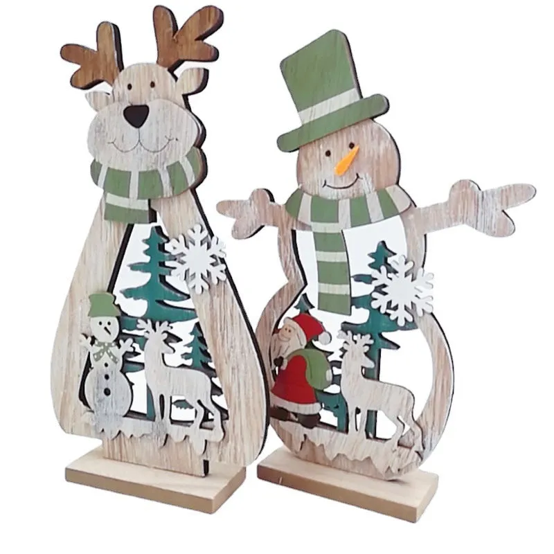 Bulk 2pcs Xmas Wood Ornaments Sets with Snowmen Elk Wholesale