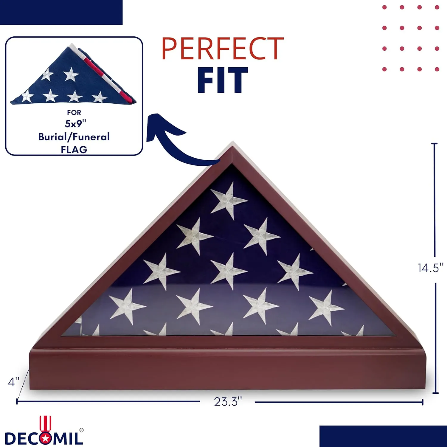 Burial Flag Display Case with Pedestal - 5x9 Flag Display Stand for Funeral Flags, Solid Wood Cherry Finish