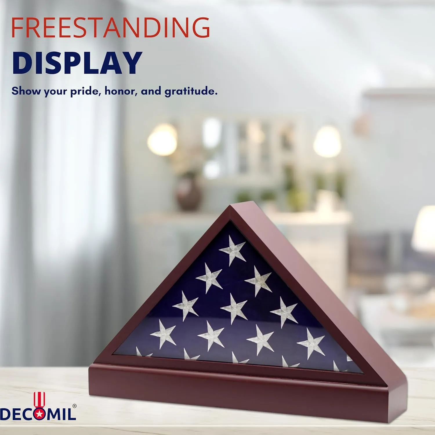 Burial Flag Display Case with Pedestal - 5x9 Flag Display Stand for Funeral Flags, Solid Wood Cherry Finish