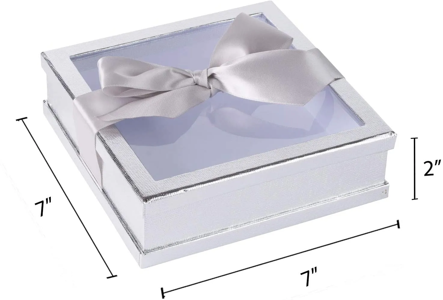 Clear Window Gift Boxes Silver 7" X 7" X 2" 6 Pack With Ribbon