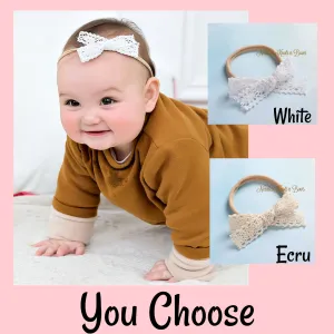 Crochet Lace Trim Bow Nylon Headbands, Baby Toddler