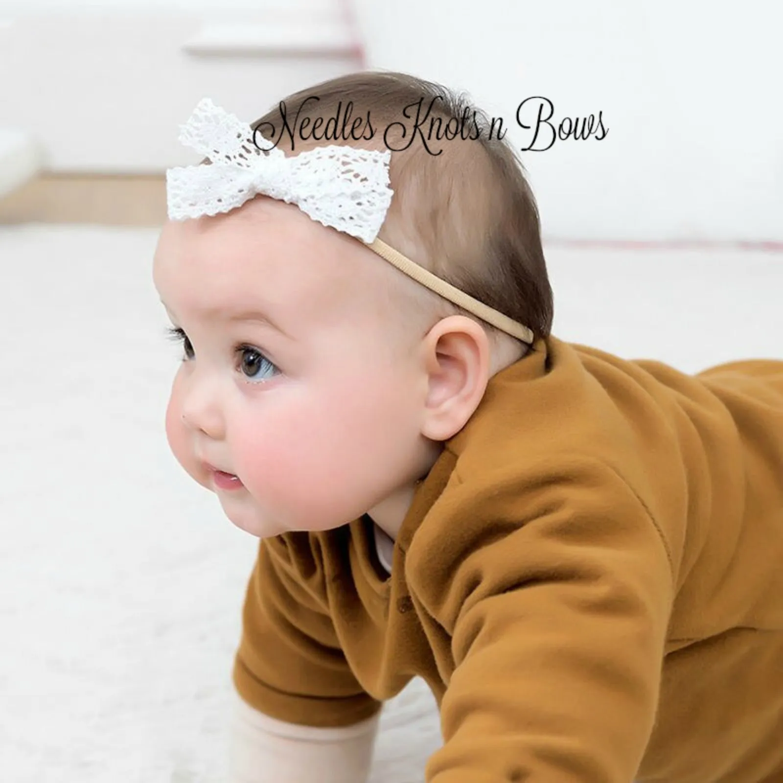 Crochet Lace Trim Bow Nylon Headbands, Baby Toddler