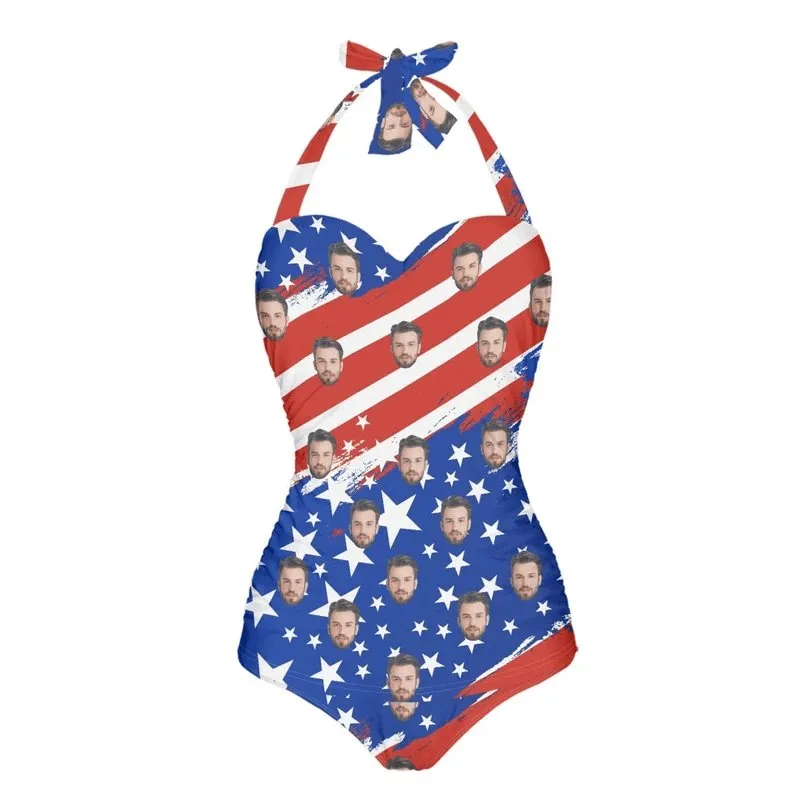 Custom Face American Flag Style Stripes Strap Personalized One-piece Retro Bikini Swimsuit Custom One Piece Bathing Suits