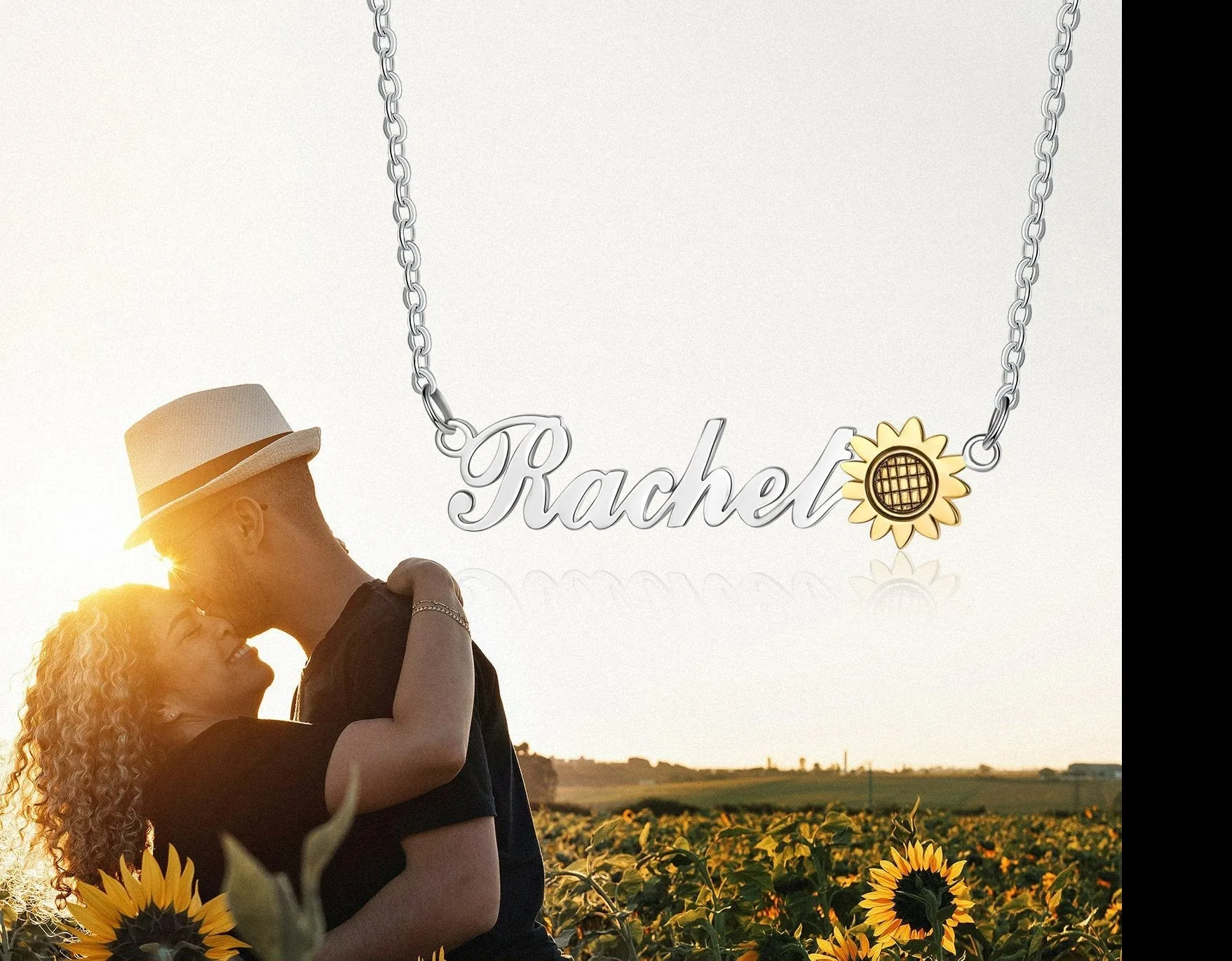 Custom Name Necklace With 18K Yellow Gold Plated Sunflower