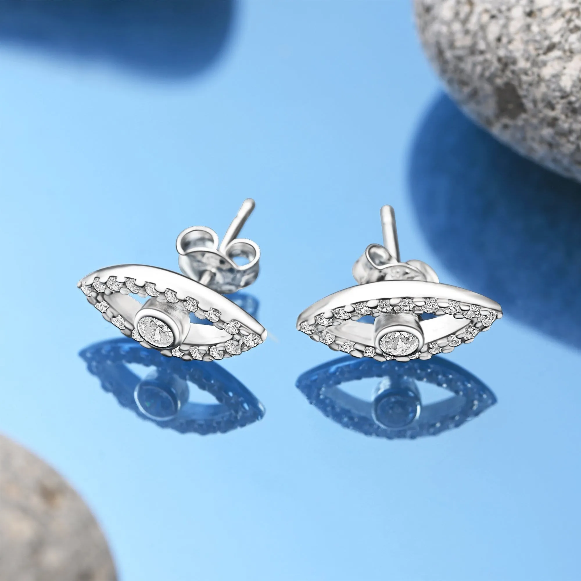 CZ Evil Eye Earrings Stud Silver