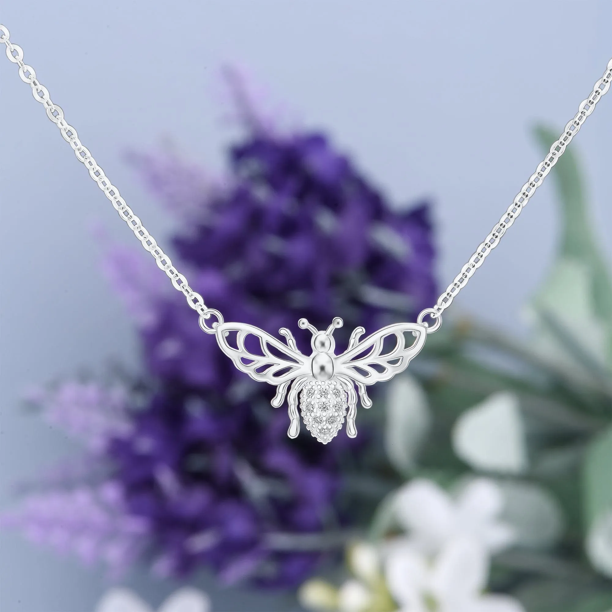 CZ Queen Honey Bee Necklace Sterling Silver