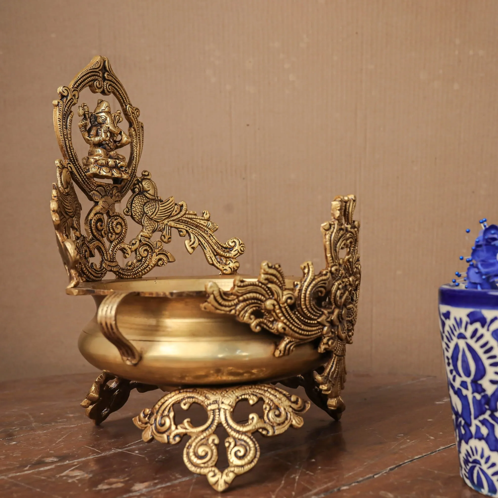 Decorative Brass Urli Bowl Lord Ganesha With Peacock