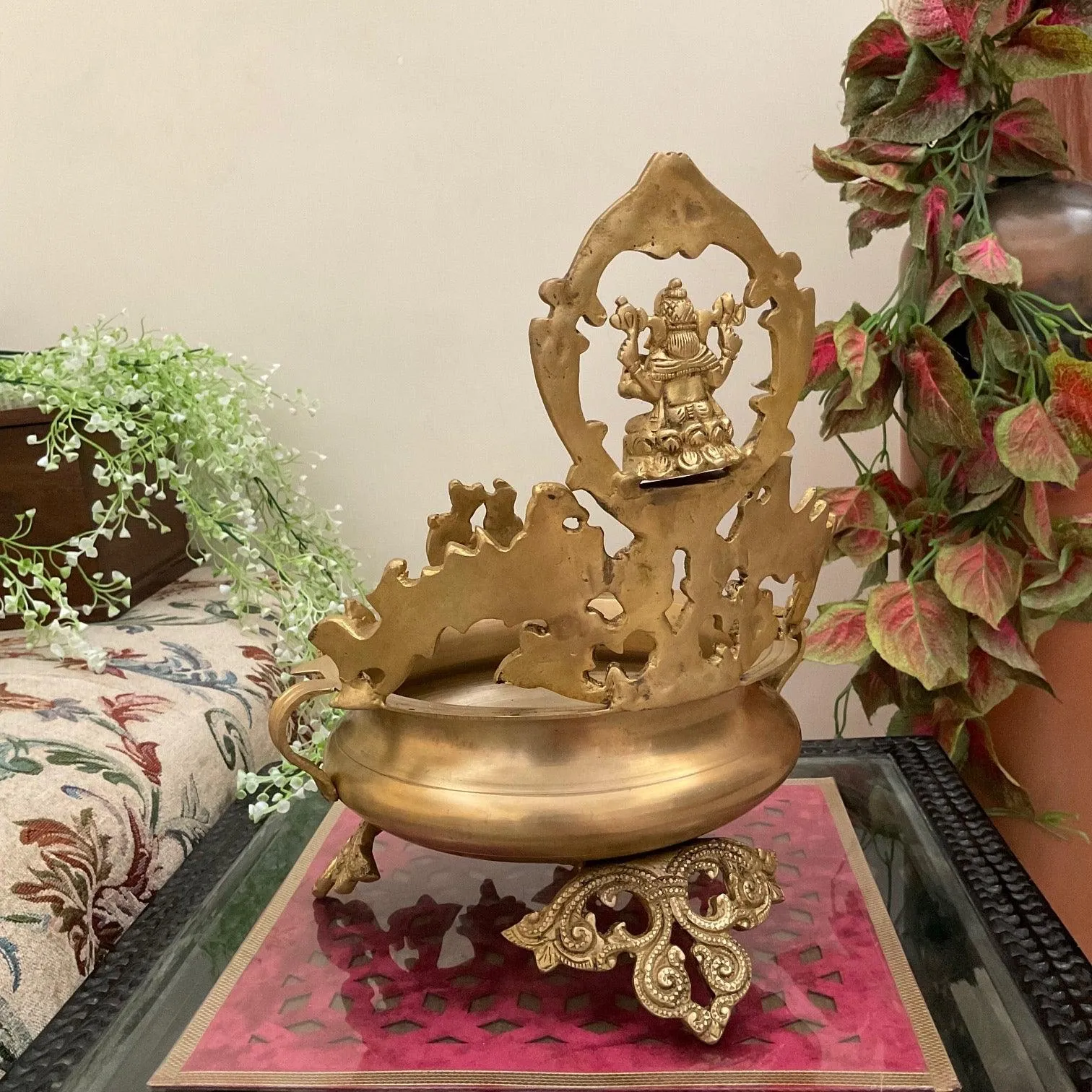 Decorative Brass Urli Bowl Lord Ganesha With Peacock