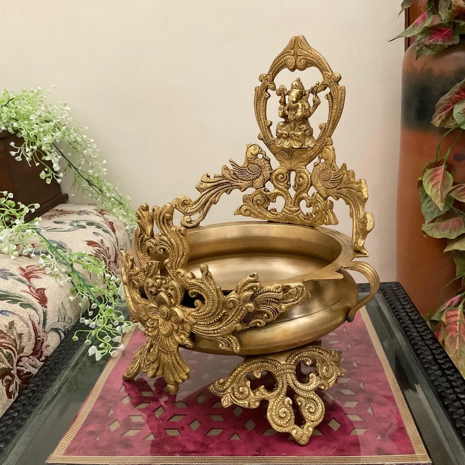 Decorative Brass Urli Bowl Lord Ganesha With Peacock