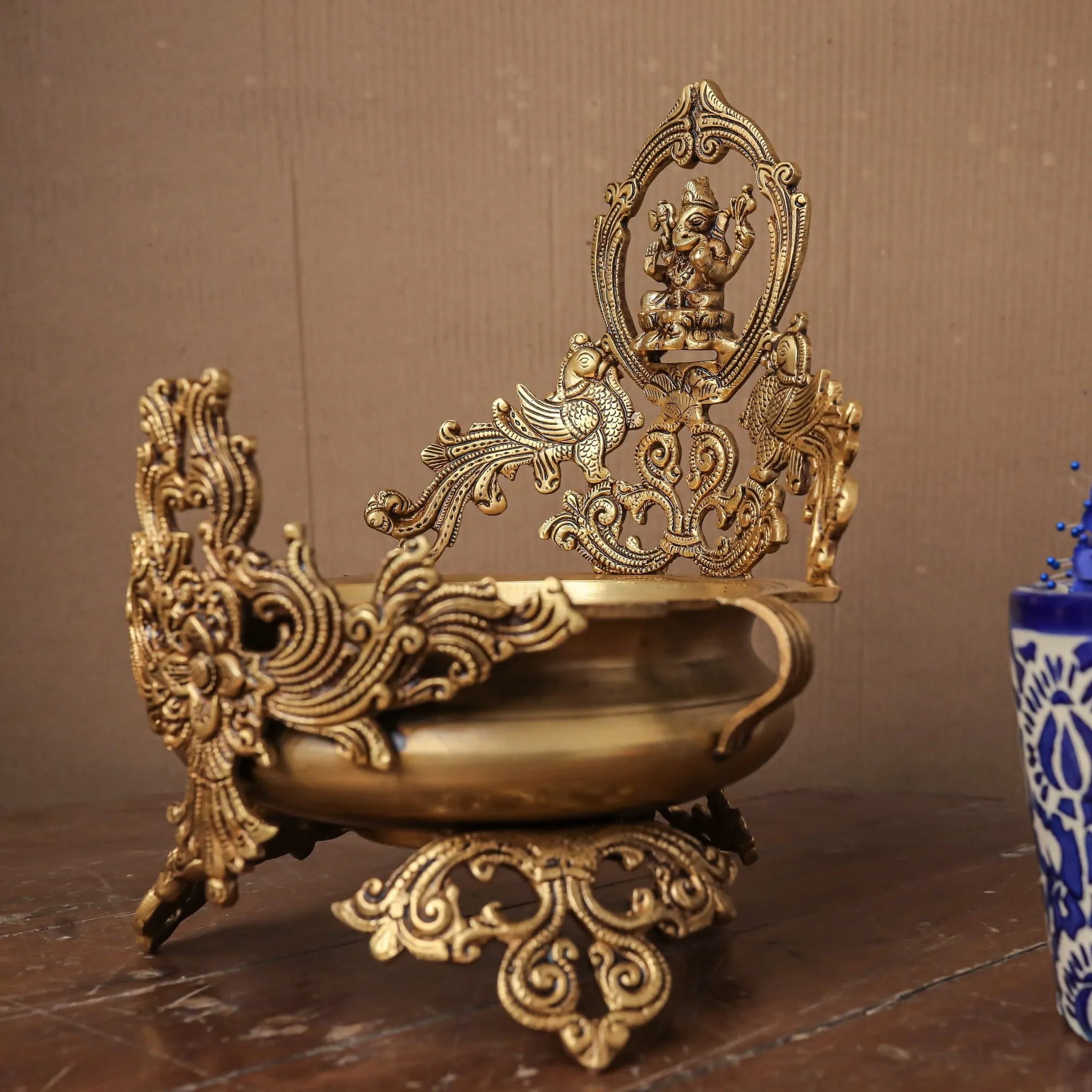 Decorative Brass Urli Bowl Lord Ganesha With Peacock