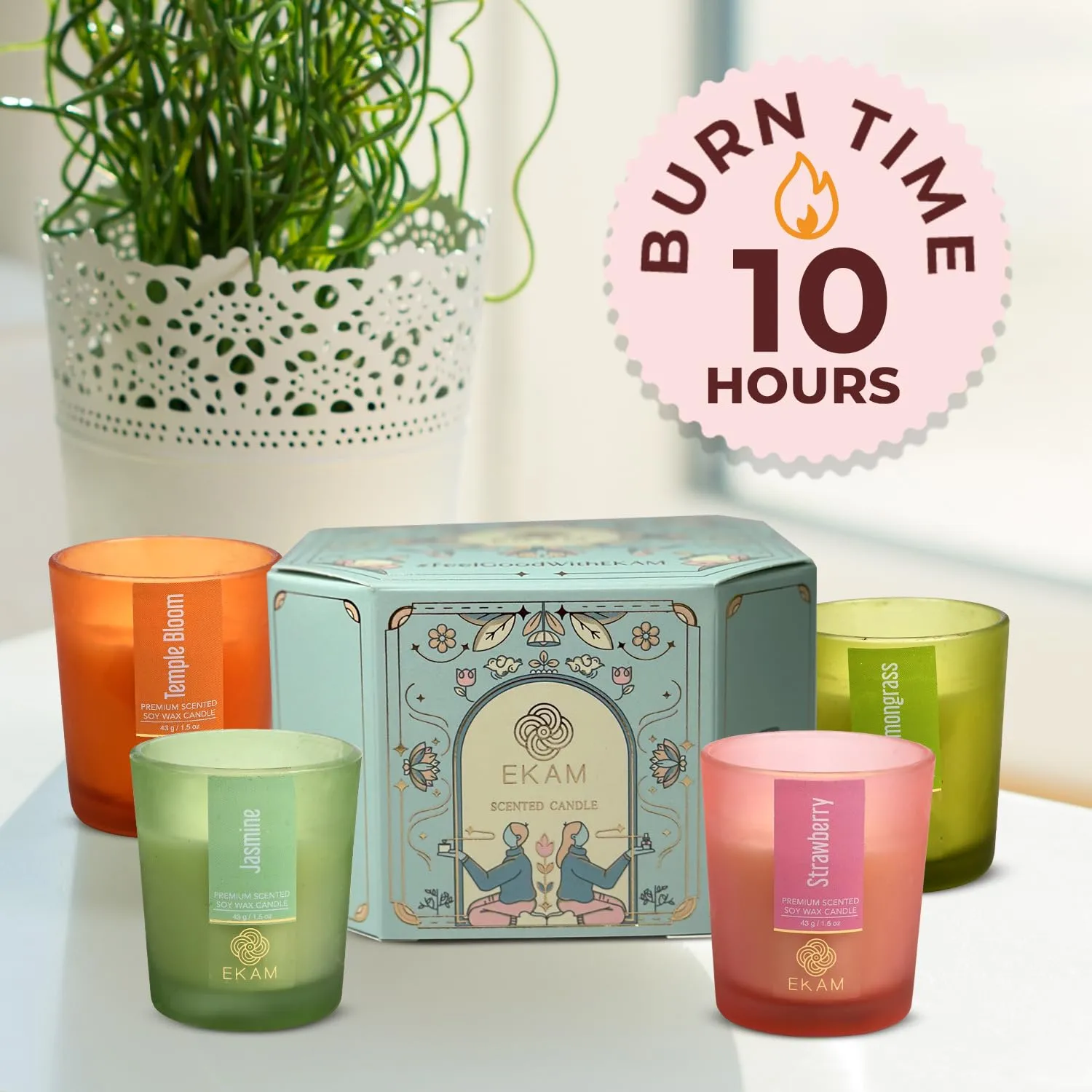 EKAM 4 Pack Shot Glass Scented Candles Gift Set| Ideal for Décor, Aromatherapy & Gifting| Lead-Free Wick| Temple Bloom, Jasmine, Strawberry, Lemongrass| 10 Hours Burn Time