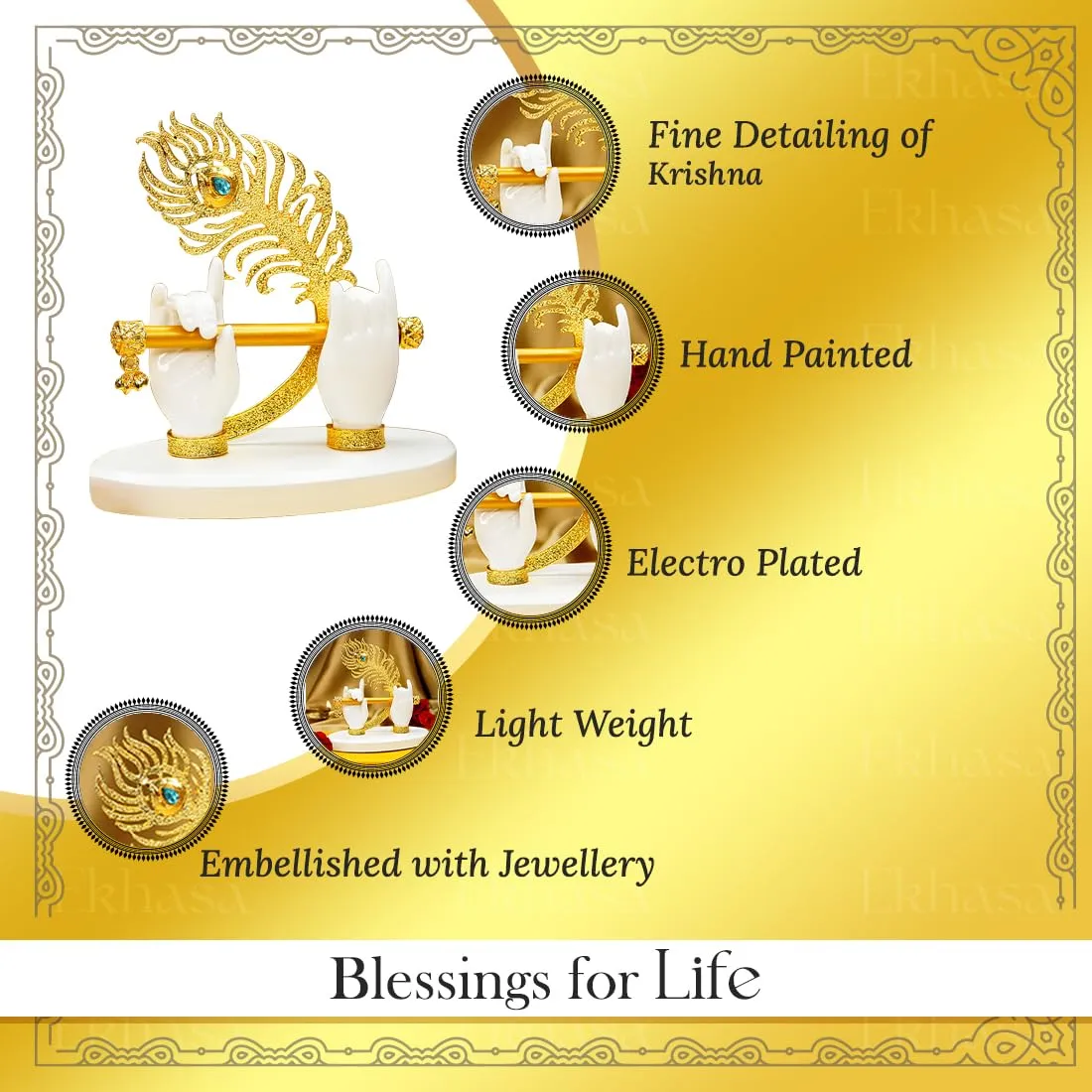 Ekhasa Lord Krishna Hands with Flute Idol (Small Size) | Krishna Flute Hand Statue | Krishnaji Divine Hands Idol with Flute and Peacock Feather | Krishna Statue for Car Dashboard & Griha Pravesh Gift