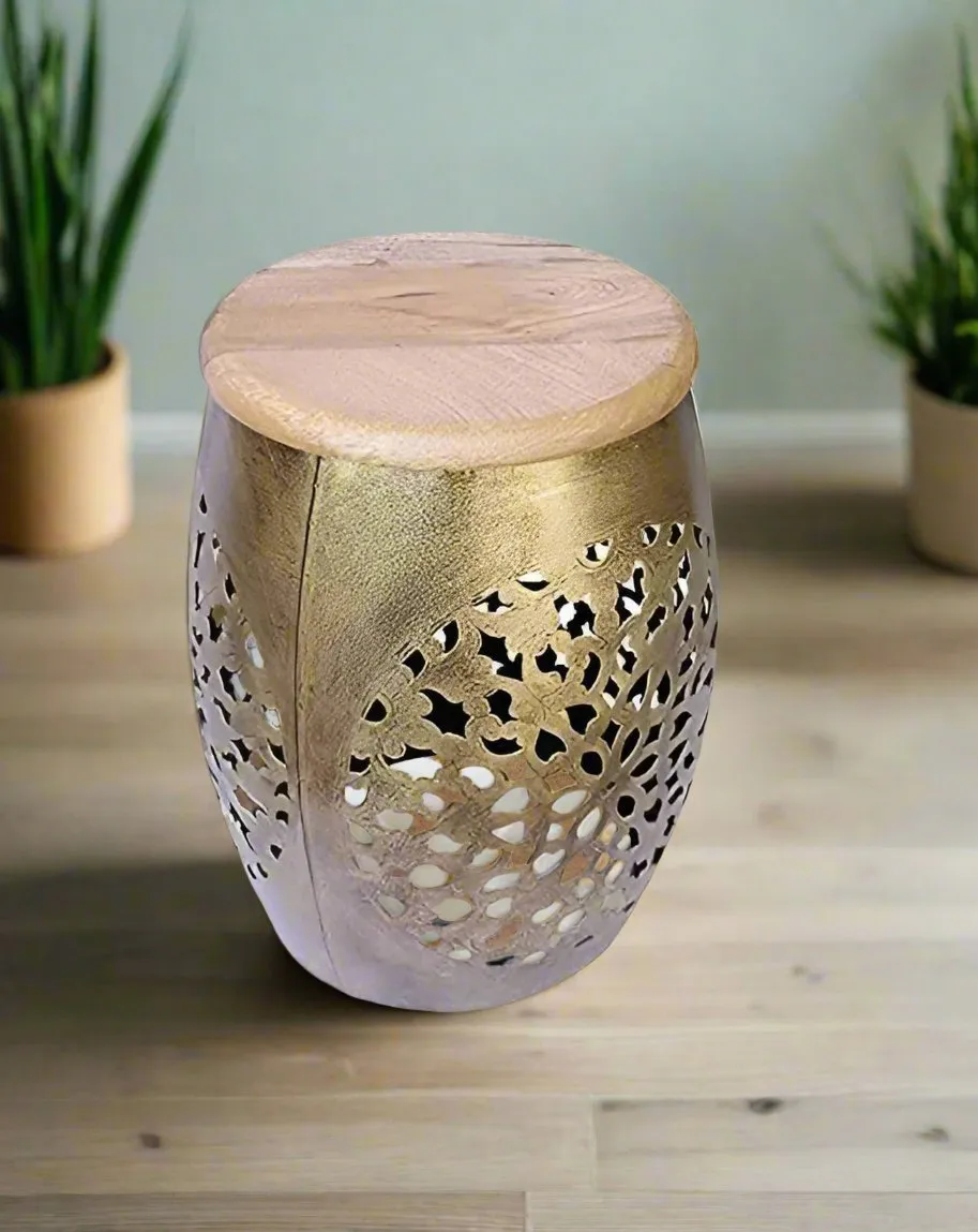 Elegant Hand Crafted Metal Drum Shaped Stool Solid Wood Top