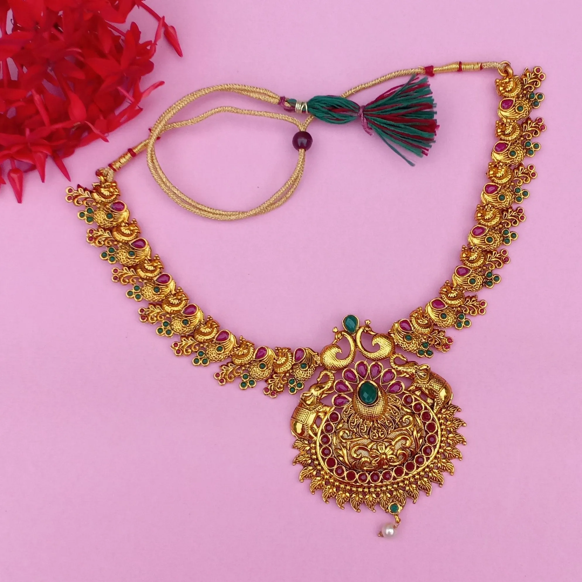 Estele Gold Plated Artistically Crafted Gajaraj with Peacocks Nakshi Temple Necklace Set