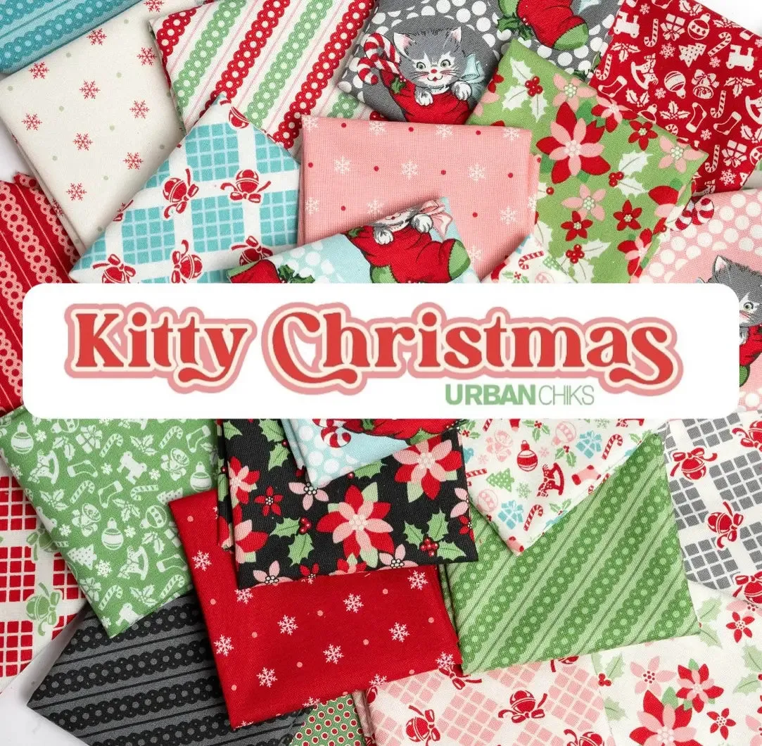 Fabric, Kitty Christmas Candy Cane Toybox by Urban Chiks - SNOW Ivory (by the yard)