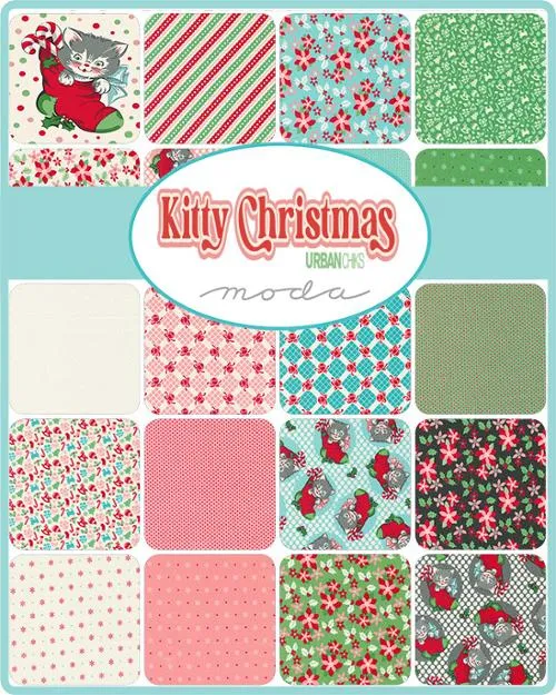 Fabric, Kitty Christmas Candy Cane Toybox by Urban Chiks - SNOW Ivory (by the yard)