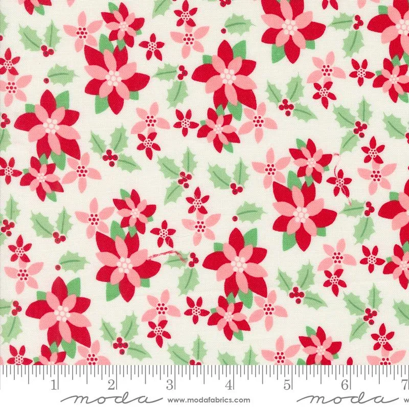 Fabric, Kitty Christmas Poinsettia by Urban Chiks - SNOW Ivory (by the yard)