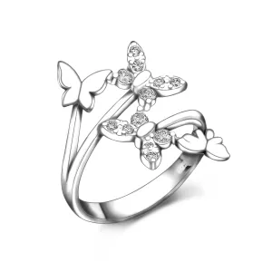 Four Flying Butterfly Ring Silver Adjustable with CZ