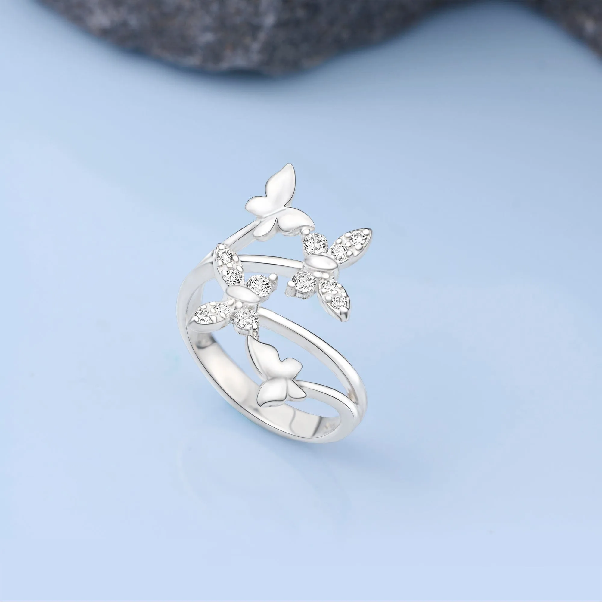 Four Flying Butterfly Ring Silver Adjustable with CZ