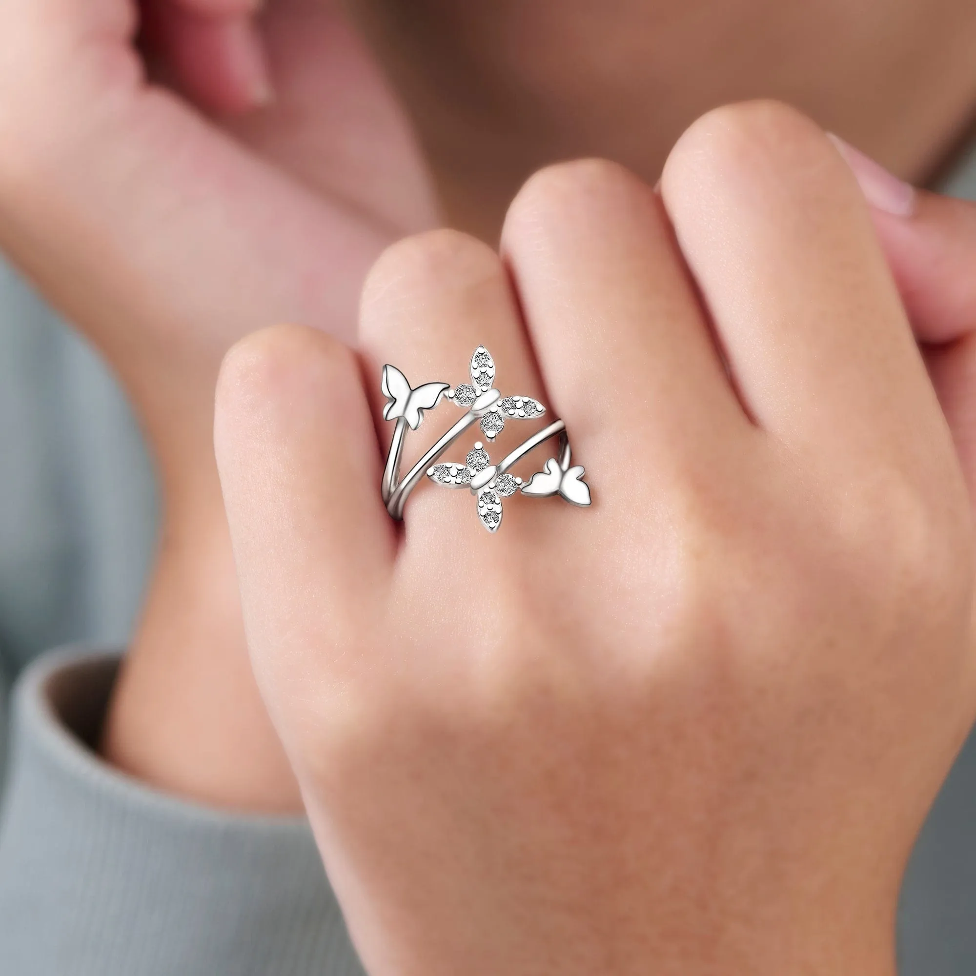 Four Flying Butterfly Ring Silver Adjustable with CZ