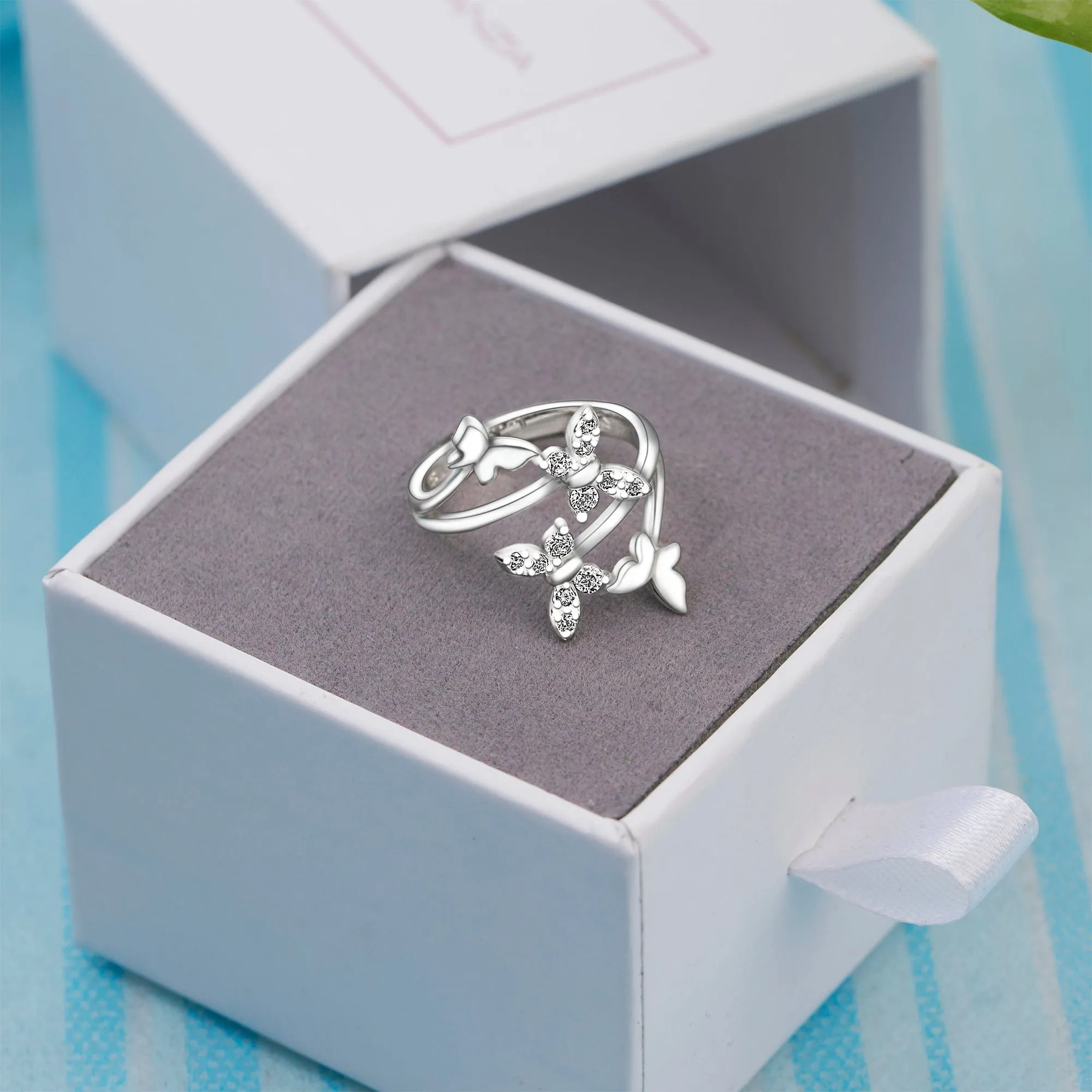 Four Flying Butterfly Ring Silver Adjustable with CZ