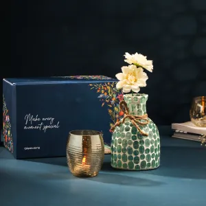 Gleevers Diwali Gift Pack |Diwali Gift Pack of 2 with Vase & Tea Light Holder | Diwali Gift Item (Tea Light Holder (Golden)   Glass Vase (Mosaic Green))