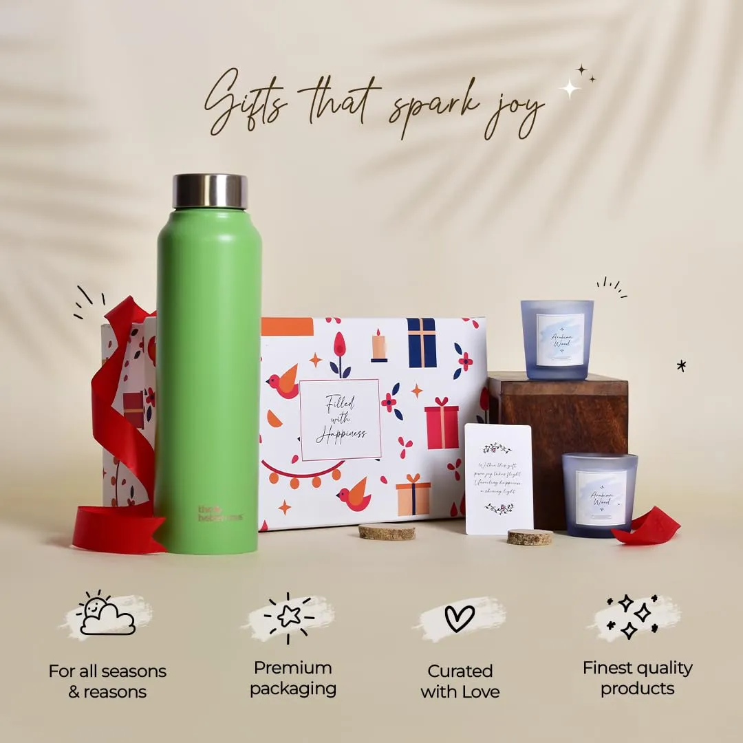 Gleevers Gift Set for Housewarming, Diwali | Gift Box of 3 with The Better Home Water Bottle (Green, 1 LTR) & 2 Candles(Arabian Wood,60gm) | Gift for Housewarming,Secret Santa Gifts