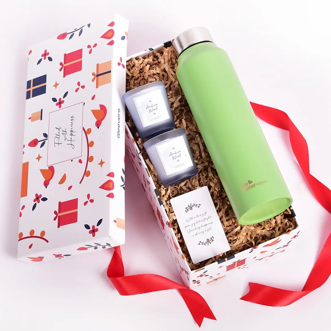 Gleevers Gift Set for Housewarming, Diwali | Gift Box of 3 with The Better Home Water Bottle (Green, 1 LTR) & 2 Candles(Arabian Wood,60gm) | Gift for Housewarming,Secret Santa Gifts