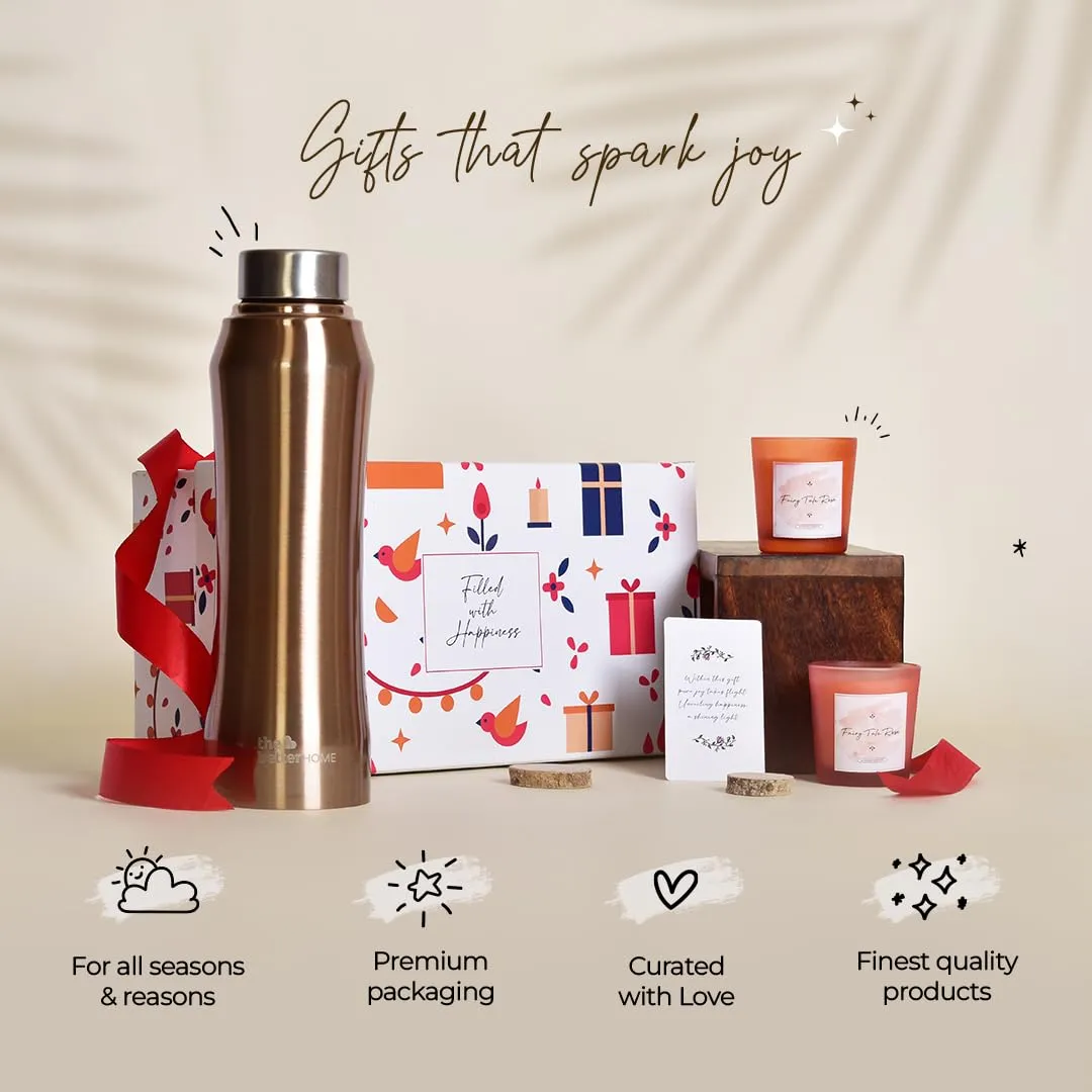 Gleevers Gift Set for Housewarming,Diwali | Gift Box of 3 with Stainless Steel Bottle(Gold, 1 LTR) & 2 Candles(Rose, 60g) | Gift for Housewarming, Secret Santa Gifts