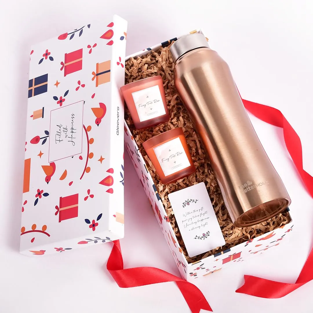 Gleevers Gift Set for Housewarming,Diwali | Gift Box of 3 with Stainless Steel Bottle(Gold, 1 LTR) & 2 Candles(Rose, 60g) | Gift for Housewarming, Secret Santa Gifts