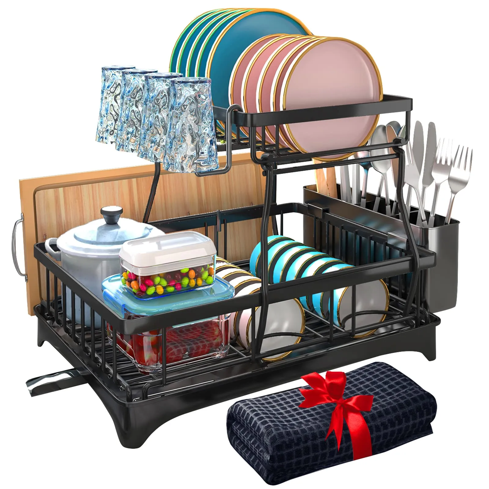 Godboat Dish Drying Rack, 2-Tier Dish Racks for Kitchen Counter, Dish Rack with Drainboard & Mat, Dish Drainer with Knife, Fork & Cup Rack, Gifts for Women, Mothers Day, Cool Stuff & Kitchen Gadgets