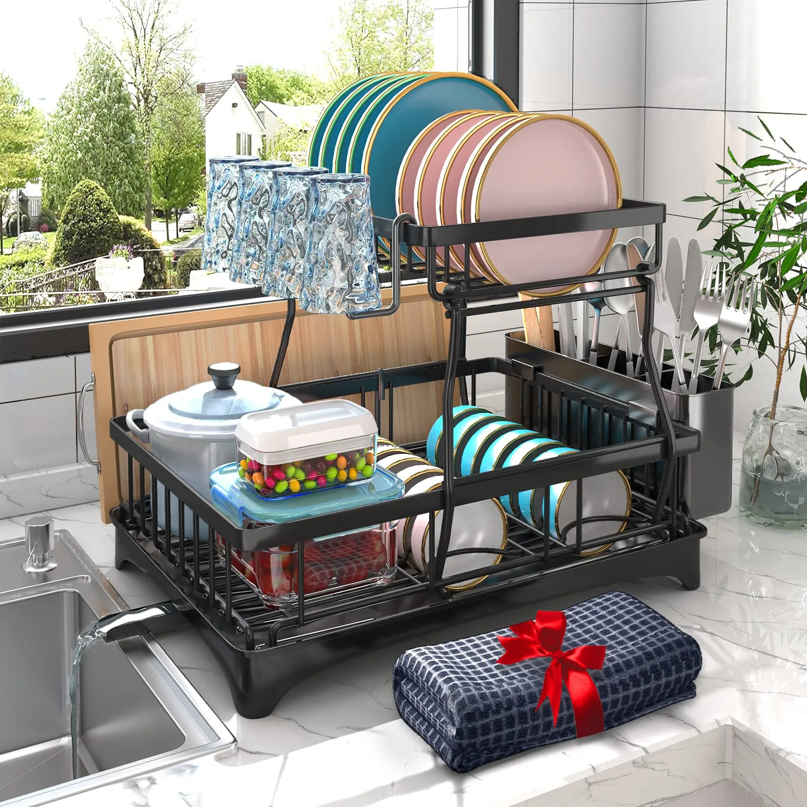 Godboat Dish Drying Rack, 2-Tier Dish Racks for Kitchen Counter, Dish Rack with Drainboard & Mat, Dish Drainer with Knife, Fork & Cup Rack, Gifts for Women, Mothers Day, Cool Stuff & Kitchen Gadgets