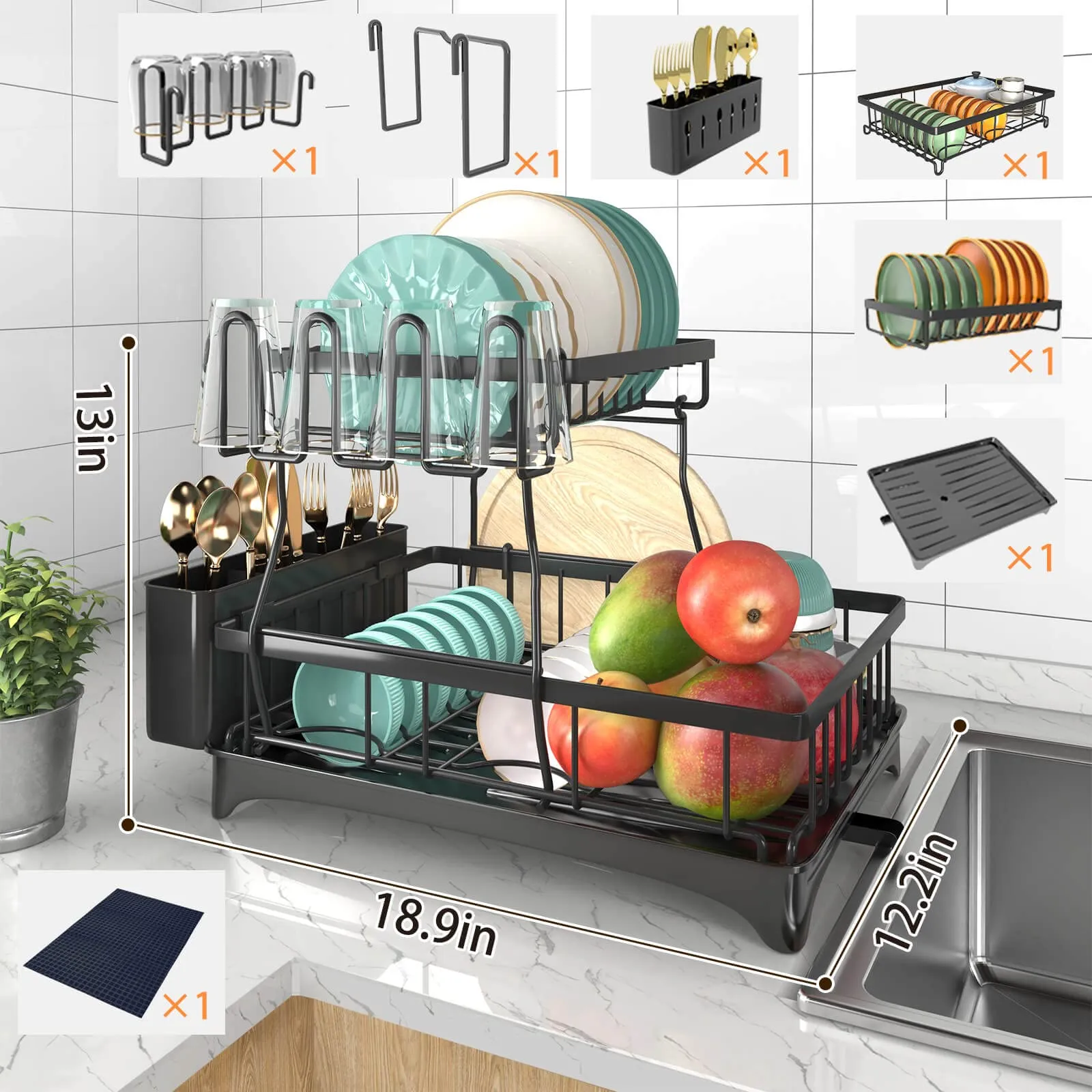 Godboat Dish Drying Rack, 2-Tier Dish Racks for Kitchen Counter, Dish Rack with Drainboard & Mat, Dish Drainer with Knife, Fork & Cup Rack, Gifts for Women, Mothers Day, Cool Stuff & Kitchen Gadgets