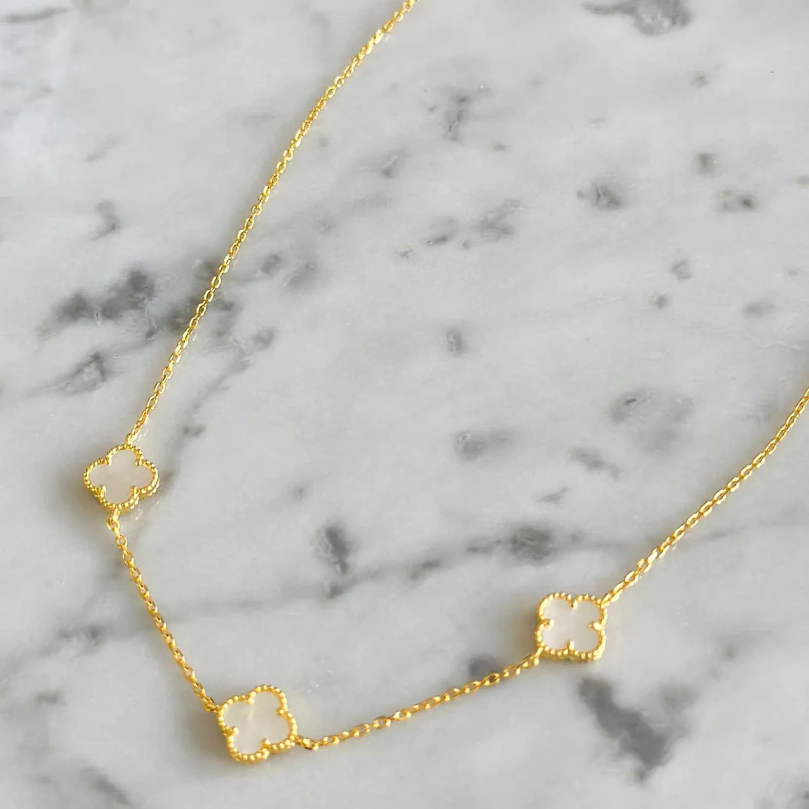 Gold Plate Necklace with 3 White MOP Clover