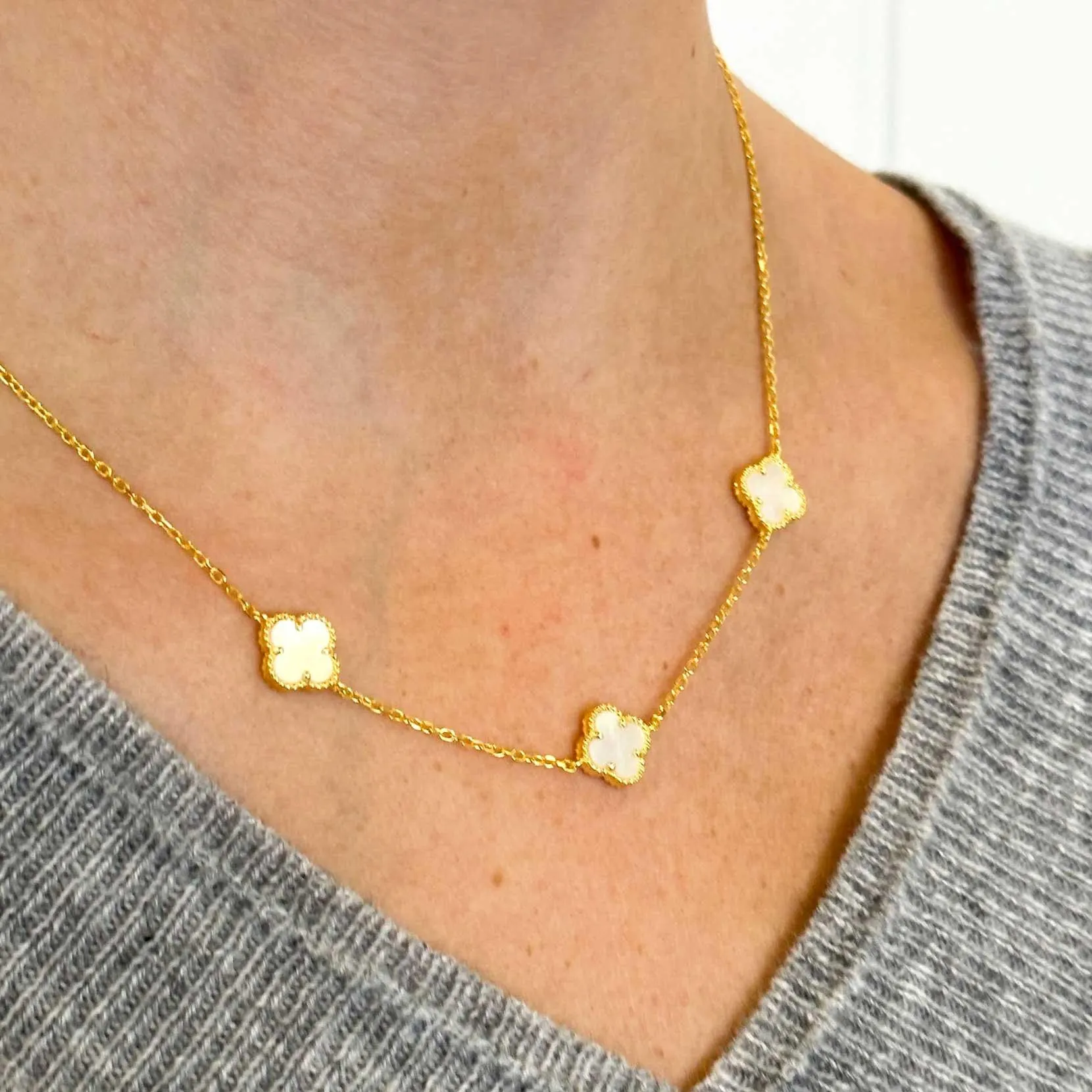 Gold Plate Necklace with 3 White MOP Clover