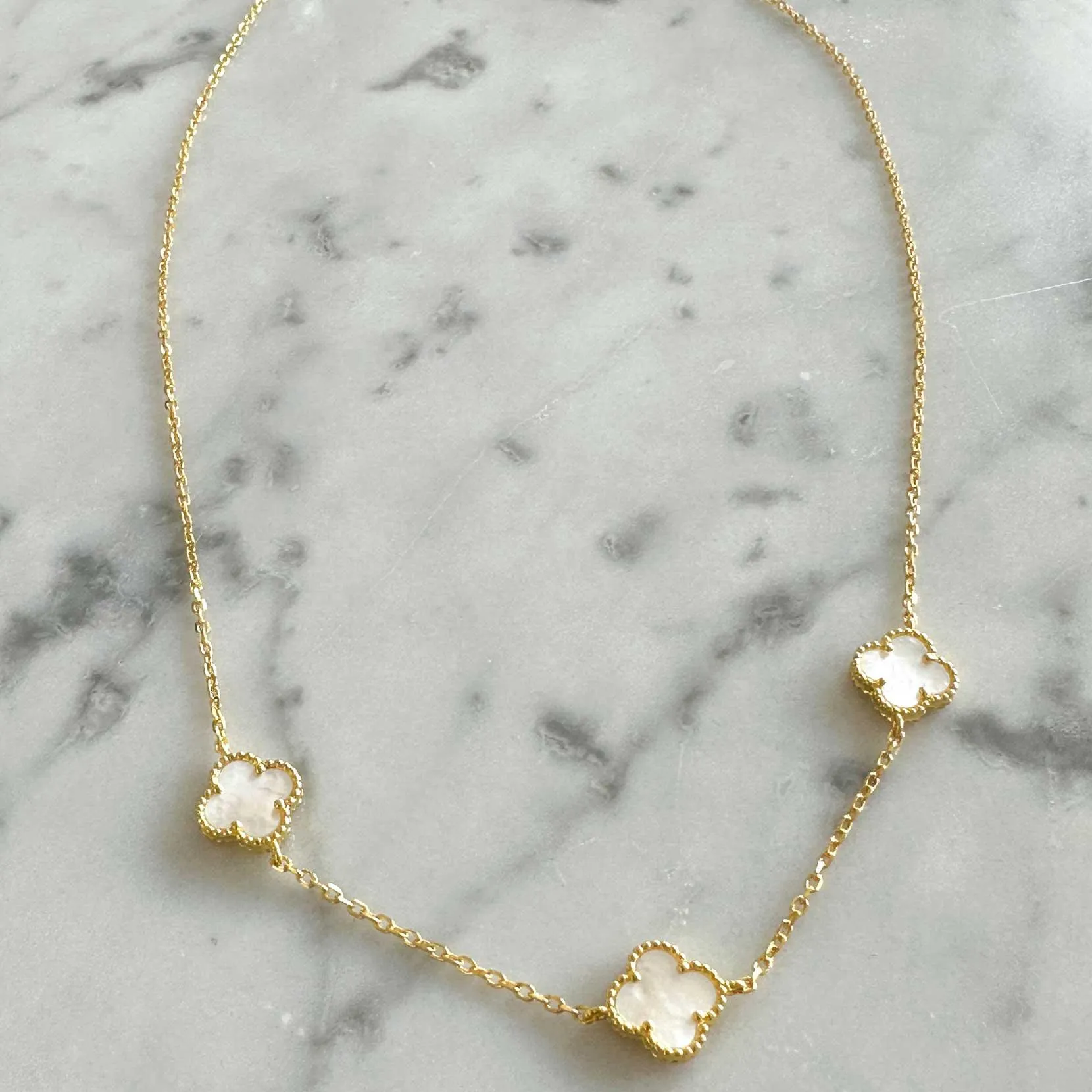 Gold Plate Necklace with 3 White MOP Clover