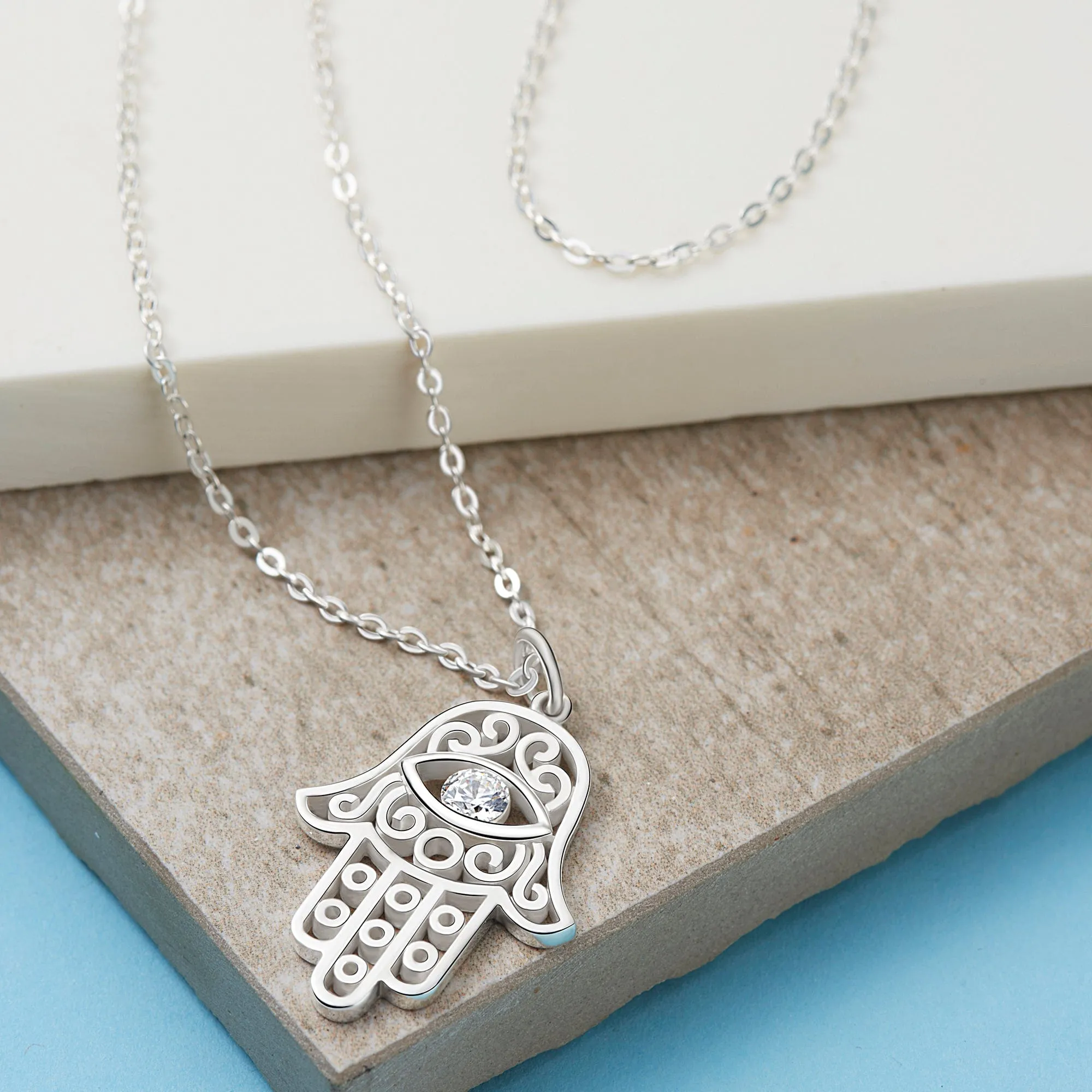 Hamsa Evil Eye Necklace Sterling Silver