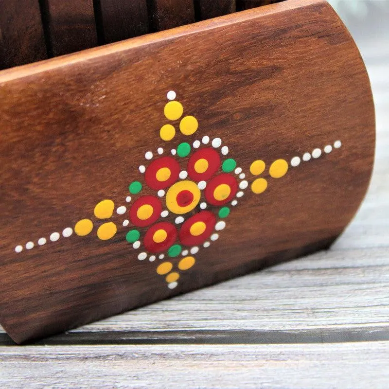 Handcrafted & Hand Painted Sheesham Wood Mandala Design Coaster (Set of 6)