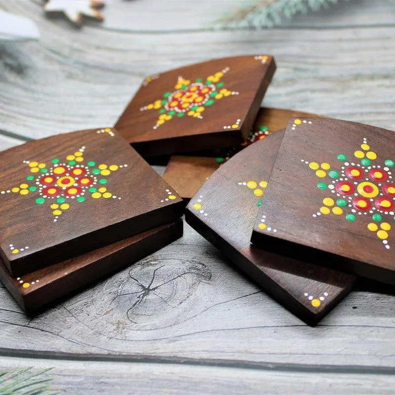 Handcrafted & Hand Painted Sheesham Wood Mandala Design Coaster (Set of 6)